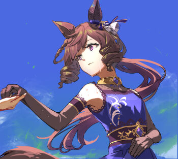 1girl 1other animal_ears bare_shoulders black_gloves blue_dress brown_gloves brown_hair closed_mouth daiichi_ruby_(flowing_blue)_(umamusume) daiichi_ruby_(umamusume) dress drill_hair ear_covers elbow_gloves flat_chest gloves holding_hands horse_ears horse_girl horse_tail long_hair low_ponytail nos_(nos_tsn) ponytail purple_eyes single_ear_cover sleeveless sleeveless_dress solo_focus sweat tail tongue tongue_out umamusume upper_body