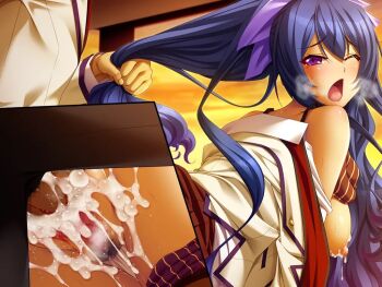 1boy 1girl bishop_(company) blood blue_hair blush body_control bra bra_lift breasts censored clothed_sex clothes_lift clothing_aside cum cum_in_pussy cum_on_body cumdrip defloration doggystyle female_pubic_hair from_side game_cg grabbing_another&#039;s_hair hair_ribbon hetero holding_another&#039;s_hair kutsujoku large_breasts long_hair mosaic_censoring open_mouth panties partially_undressed penis pubic_hair purple_eyes ribbon school_uniform sex sex_from_behind skirt skirt_lift solo_focus steam sweat toujou_mahiro underwear vaginal