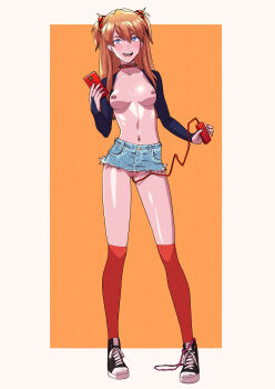 1girl blue_eyes cellphone collar holding_vibrator jeans_skirt navel_piercing neon_genesis_evangelion nipple_piercing panties_around_leg phone piercing red_hair red_thighhighs sex_toy shoes smartphone sneakers souryuu_asuka_langley spiked_collar spikes tekuho_no_habo thighhighs topless_female two_side_up vibrator