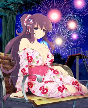 1girl aerial_fireworks arm_support armpit_crease barefoot bebe-tan bench blush breasts character_ornament cleavage closed_mouth cloud collarbone fireworks floral_print floral_print_kimono hair_between_eyes hair_ornament hair_scrunchie japanese_clothes kimono large_breasts long_hair looking_at_viewer low_neckline murasaki_(senran_kagura) night night_sky obi obiage off_shoulder official_alternate_hairstyle official_art on_bench on_sid park park_bench pink_kimono plant ponytail print_kimono purple_eyes purple_hair sash scrunchie senran_kagura senran_kagura_new_wave senran_kagura_shinovi_versus sitting sky slide smile solo tree very_long_hair