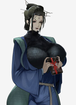 Rule 34 | 1girl, absurdres, black eyes, black hair, black lips, black myth: wukong, breasts, commentary, cowboy shot, english commentary, facial mark, forehead mark, fourth sister (black myth: wukong), gift, highres, holding, holding gift, huge breasts, lipstick, long hair, long sleeves, lumc, makeup, mature female, simple background, solo, white background, wide sleeves