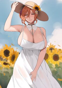 1girl absurdres alios_arvin asymmetrical_bangs asymmetrical_hair blue_sky blush breasts chinese_commentary cleavage cloud cloudy_sky cowboy_shot day detached_collar double-parted_bangs dress earrings field flower flower_field hair_between_eyes hair_flower hair_ornament hair_ribbon hand_on_headwear hat hat_flower highres indie_virtual_youtuber jewelry katori_kira large_breasts lock looking_at_viewer orange_eyes orange_hair outdoors padlock padlocked_collar parted_lips purple_ribbon ribbon short_hair short_side_ponytail sky sleeveless sleeveless_dress smile solo standing sun_hat sundress sunflower sunflower_field virtual_youtuber white_dress wind