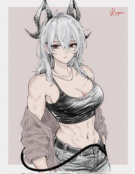Rule 34 | 1girl, ahoge, alternate costume, artist name, black horns, black tank top, breasts, brown jacket, casual, closed mouth, curled horns, denim, earrings, grey background, grey hair, grey pants, hair between eyes, highres, horns, jacket, jeans, jewelry, key earrings, large breasts, long hair, looking at viewer, mole, mole on breast, necklace, pants, red eyes, scar, scar on arm, scar on breasts, scar on chest, scarletlupa, simple background, solo, tank top, toned, toned female, two-tone background, unworn jacket, upper body, white background, wuthering waves, zani (wuthering waves)