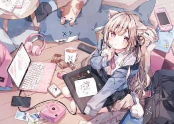 1girl :o animal_ears bag black_skirt blue_coat brown_hair cat cat_ears cat_tail cellphone clutter coat computer cup drawing_tablet hair_bun hair_ribbon headphones heripiro highres indoors jacket laptop long_hair long_sleeves looking_at_viewer nintendo_switch notebook open_mouth original paper pencil phone pink_eyes pink_jacket polaroid_camera polaroid_photo ribbon rug school_bag school_uniform shirt sitting skirt slippers smartphone snack solo stuffed_animal stuffed_shark stuffed_toy stylus table tail unworn_jacket wariza white_shirt white_slippers wooden_floor