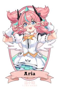 Rule 34 | 1girl, :d, aria (human) (zenless zone zero), aria (zenless zone zero), blue eyes, breasts, chinese commentary, commentary request, double v, dress, fingerless gloves, gloves, highres, looking at viewer, mo xiaolan, open mouth, pink gloves, pink hair, short sleeves, smile, solo, v, v over eye, white dress, zenless zone zero