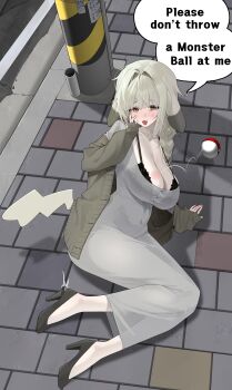 Rule 34 | 1girl, absurdres, arm support, black bra, black shoes, bra, braid, breasts, broken high heel, brown cardigan, brown eyes, bruise, cardigan, commentary request, crying, cut bangs, dongtan dress, dress, droopy ears, ears down, english text, fallen down, fang, gen 1 pokemon, grey dress, grey hair, hair intakes, hand on own cheek, hand on own face, highres, injury, large breasts, long dress, long hair, looking at viewer, lying, mature female, mole, mole under eye, nangmanheeyou, nintendo, off shoulder, on ground, open cardigan, open clothes, open mouth, peakychu, pencil dress, personification, pikachu, poke ball, poke ball (basic), pokemon, pokemon pokopia, sagging breasts, scoop neck, see-through clothes, see-through dress, shoes, sidewalk, skin fang, sleeves past wrists, solo, speech bubble, strap gap, taut clothes, taut dress, tears, throwing, throwing poke ball, underwear