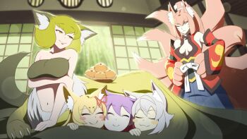 1boy 4girls bra breasts kitsu_(mon-musu_quest!) large_breasts luka_(mon-musu_quest!) mon-musu_quest! multiple_girls nanabi_(mon-musu_quest!) sleeping smile tamamo_(mon-musu_quest!) underwear yao_(mon-musu_quest!)