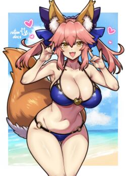 1girl absurdres animal_ears bare_shoulders beach bikini blue_bikini blue_ribbon blue_sky blush breasts cleavage cloud cloudy_sky collarbone commentary commission day double_fox_shadow_puppet english_commentary fate/extra fate_(series) fox_ears fox_girl fox_shadow_puppet fox_tail hair_ribbon highres huge_breasts ko-fi_commission long_hair looking_at_viewer navel o-ring o-ring_bikini ocean open_mouth outdoors pink_hair ribbon rotomdocs sand sky smile solo stomach swimsuit tail tamamo_no_mae_(fate) thighs yellow_eyes