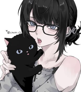 1girl aegyo_sal animal black_cat black_hair blue_eyes caru_c1 cat commentary ear_piercing fangs glasses hair_bun highres holding holding_animal holding_cat looking_at_viewer open_mouth original piercing simple_background solo symbol-only_commentary tongue tongue_out tongue_piercing upper_body white_background