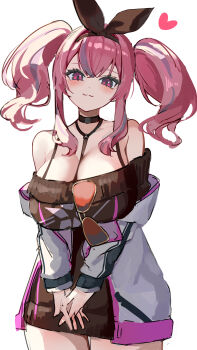 1girl :3 absurdres azur_lane bare_shoulders between_breasts black_choker black_ribbon black_sweater blush bra_strap breasts bremerton_(azur_lane) bremerton_(day-off_date)_(azur_lane) choker cleavage closed_mouth collarbone commentary cowboy_shot crossed_bangs dress eyewear_hang grey_hair hair_between_eyes hair_intakes hair_ornament hair_ribbon heart highres jacket large_breasts long_hair looking_at_viewer marumai mole mole_under_eye multicolored_hair off-shoulder_dress off-shoulder_sweater off_shoulder official_alternate_costume orange-tinted_eyewear own_hands_together pink_eyes pink_hair ribbon sidelocks simple_background sketch smile solo standing star_(symbol) star_print strap_between_breasts streaked_hair sweater sweater_dress tinted_eyewear twintails two-tone_hair unworn_eyewear white_background white_jacket