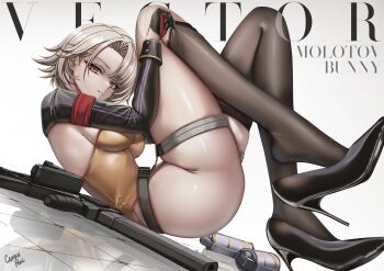 1girl absurdres adjusting_clothes adjusting_legwear armband artist_name bare_hips black_gloves black_shoes black_shrug black_thighhighs breasts brown_eyes brown_hair buttoned_cuffs buttons caiman_pool character_name commentary english_commentary english_text explosive foot_up from_side full_body girls'_frontline girls'_frontline_2:_exilium gloves grenade grey_background gun hand_up high_heels highres knees_up kriss_vector leotard long_sleeves looking_at_viewer lying official_alternate_costume on_back open_mouth parted_lips red_armband red_gloves shiny_floor shiny_skin shoe_dangle shoes short_hair shrug_(clothing) sideboob signature simple_background skindentation solo strapless strapless_leotard submachine_gun thick_thighs thigh_strap thighhighs thighhighs_pull thighs tile_floor tiles turning_head two-tone_gloves vector_(girls'_frontline) vector_(girls'_frontline_2) vector_(molotov_bunny)_(girls'_frontline_2) weapon white_mouth yellow_leotard