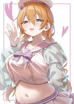 1girl absurdres beret blush bow bowtie braid breasts commentary_request cropped_shirt hair_between_eyes hand_up hat hat_bow heart highres juliet_sleeves konoe_kanata large_breasts long_hair long_sleeves looking_at_viewer love_live! love_live!_nijigasaki_high_school_idol_club low_twin_braids midriff navel open_mouth orange_hair outside_border pink_bow pink_bowtie pink_sailor_collar puffy_long_sleeves puffy_sleeves purple_eyes sailor_collar sailor_shirt see-through_clothes see-through_sleeves shirt simple_background smile solo stomach striped_bow striped_bowtie striped_clothes twin_braids white_background white_hat yuu_(shampoohatslime)
