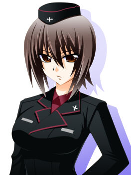 Rule 34 | 1girl, 2000s (style), black jacket, breasts, brown eyes, brown hair, cross, dress shirt, engo (aquawatery), garrison cap, girls und panzer, hair between eyes, hand on own hip, hat, jacket, kuromorimine military uniform, looking at viewer, medium breasts, military, military hat, military uniform, nishizumi maho, profile, red shirt, serious, shadow, shirt, short hair, simple background, solo, tulip hat