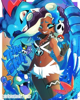 alolan_form alolan_grimer alternate_costume alternate_hairstyle blue_eyes blue_hair blue_nails breasts cleavage cosplay crop_top crossover dark_skin feraligatr fingerless_gloves gen_2_pokemon gen_7_pokemon gloves headphones highres luke_valentine_(artist) mareanie marina_(off_the_hook_outfit)_(splatoon) marina_(splatoon) midriff nail_polish navel navel_piercing nintendo octoling piercing poke_ball pokemon pokemon_sm purple_hair shorts sleeveless smile splatoon_(series) splatoon_2 team_skull team_skull_grunt team_skull_grunt_(cosplay) teeth tentacle_hair white_shorts