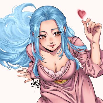 Rule 34 | 1girl, blue hair, blush, breasts, brown eyes, cleavage, commentary, dress, eris21471224, eyelashes, from above, half updo, heart, highres, long dress, long hair, long sleeves, looking to the side, nefertari vivi, one piece, pink dress, sidelocks, signature, sitting, smile, solo, very long hair