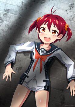 Rule 34 | :o, absurdres, blush, breasts, brick floor, cowboy shot, highres, isshiki akane, long sleeves, lying, mjn, national shin ooshima school uniform, neckerchief, on back, orange hair, orange neckerchief, red hair, school uniform, serafuku, short hair, short shorts, short twintails, shorts, tearing up, tight clothes, twintails, vividred operation