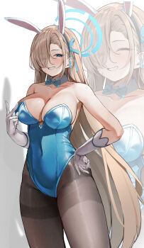 1girl absurdres animal_ear_hairband animal_ears asuna_(blue_archive) asuna_(bunny)_(blue_archive) bare_shoulders blonde_hair blue_archive blue_bow blue_bowtie blue_eyes blue_halo blue_leotard blush bow bowtie breasts cleavage collarbone covered_navel detached_collar eyes_visible_through_hair fake_animal_ears gloves grin hair_over_one_eye hair_ribbon hairband halo highres hipo4333 large_breasts leotard long_hair looking_at_viewer mole mole_on_breast pantyhose playboy_bunny rabbit_ear_hairband rabbit_ears ribbon smile solo thighband_pantyhose v very_long_hair white_gloves