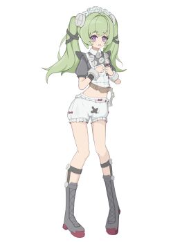 1girl adapted_costume belt black_boots black_bow bloomers boots bow chain commentary_request corin_wickes green_hair hair_between_eyes highres long_hair maid_headdress midriff open_mouth puffy_sleeves purple_eyes purupuruck red_bow screw_hair_ornament short_sleeves simple_background solo twintails underwear white_background white_bloomers zenless_zone_zero