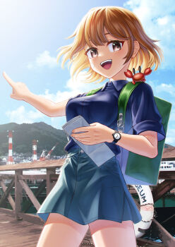 1girl alternate_costume alternate_hairstyle blue_shirt blue_skirt blue_sky brown_eyes brown_hair collared_shirt cowboy_shot crab crab_on_shoulder crane_(machine) green_bag highres hiroshima_prefecture holding holding_map index_finger_raised kantai_collection kure_(city) lifebuoy looking_at_viewer map map_(object) oboro_(kancolle) oboro_(kure)_(kancolle) open_mouth photo_background pointing port_of_kure rlyo_(ryo_relation) shirt short_hair skirt sky smile swim_ring watch wristwatch