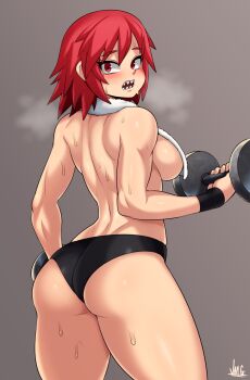 1girl abs ass back black_shorts blush boku_no_hero_academia breasts dumbbell exercising female_focus genderswap genderswap_(mtf) heavy_breathing highres jmg kirishima_eijirou large_breasts looking_back muscular muscular_female red_eyes red_hair sharp_teeth short_hair short_shorts shorts solo sweat teeth thick_thighs thighs toned topless_female towel towel_around_neck weightlifting wristband