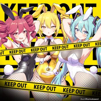 3girls akita_neru alternate_breast_size_(larger) animal_ears aqua_eyes aqua_hair armpits arms_behind_head arms_up ass black_leotard blonde_hair blush breasts brown_eyes caution_tape closed_mouth commentary_request cowboy_shot drill_hair fake_animal_ears fake_tail fishnet_pantyhose fishnets from_behind grey_background hair_ornament hatsune_miku heart highres kasane_teto keep_out leotard long_hair looking_at_viewer looking_back medium_breasts mesmerizer_(vocaloid) multiple_girls pantyhose playboy_bunny rabbit_ears rabbit_tail red_hair simple_background small_breasts smile strapless strapless_leotard tail tongue tongue_out torinokawori triple_baka_(vocaloid) twin_drills twintails utau very_long_hair vocaloid white_leotard yellow_eyes yellow_leotard