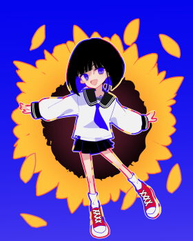 1girl :d absurdres black_hair black_skirt blue_background bob_cut flower full_body highres long_sleeves looking_at_viewer multicolored_hair open_mouth original osisio petals pleated_skirt puffy_long_sleeves puffy_sleeves purple_eyes purple_hair red_shoes shirt shoes short_hair simple_background skirt smile socks solo sunflower two-tone_hair white_shirt white_socks yellow_flower
