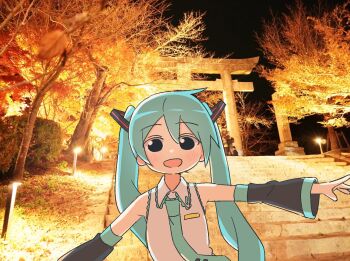 Rule 34 | 1girl, :d, aqua hair, aqua necktie, auhuheben17, black eyes, black sleeves, blush, collared shirt, commentary, detached sleeves, hair ornament, hashtag-only commentary, hatsune miku, highres, lens flare, long hair, looking at viewer, necktie, open mouth, outdoors, people, photo background, shirt, sleeveless, sleeveless shirt, smile, solo focus, stairs, torii, tree, twintails, upper body, vocaloid, white shirt