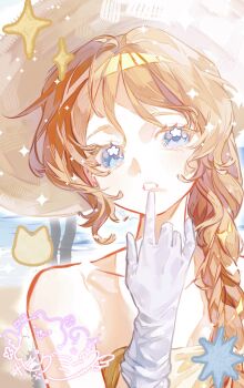 Rule 34 | 1girl, animification, bare shoulders, blue eyes, braid, brown hair, brown hat, collarbone, commentary request, dress, finger to mouth, gloves, hat, head tilt, highres, k-pop, looking at viewer, misamo, new look (misamo), parted lips, real life, sana (twice), solo, sparkle, strapless, strapless dress, sun hat, teriri, twice (group), white gloves