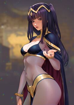 1girl absurdres black_hair black_nails blunt_bangs blurry blurry_background bodystocking bracelet breasts bridal_gauntlets cape circlet cleavage covered_navel fire_emblem fire_emblem_awakening hand_up highres indoors jewelry looking_at_viewer medium_breasts nail_polish nintendo pelvic_curtain reaching reaching_towards_viewer solo tharja_(fire_emblem) thighs tiara yiiande