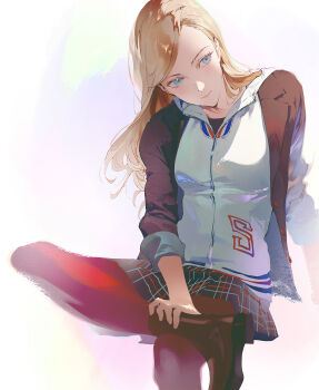 1girl alternate_hairstyle black_skirt blazer blonde_hair blue_eyes brown_shoes closed_mouth commentary_request fajyobore figure_four_sitting foot_out_of_frame hair_down head_tilt highres hood hoodie invisible_chair jacket korean_commentary long_hair looking_to_the_side open_clothes open_jacket pantyhose persona persona_5 plaid_clothes plaid_skirt red_pantyhose school_uniform shoes shuujin_academy_school_uniform simple_background sitting skirt sleeve_cuffs solo takamaki_anne white_background white_hoodie white_jacket