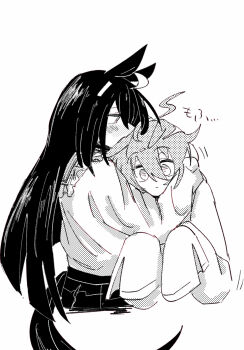 2girls agnes_tachyon_(umamusume) ahoge animal_ears blunt_ends blush closed_mouth ear_ornament ear_tag earrings expressionless frilled_shirt frills gachitamago hair_between_eyes hands_up highres horse_ears horse_girl horse_tail hug jewelry long_hair long_sleeves manhattan_cafe_(umamusume) multicolored_hair multiple_girls plaid_clothes plaid_skirt shirt shirt_tucked_in simple_background single_earring skirt sleeves_past_fingers sleeves_past_wrists tail umamusume very_long_hair white_background yuri