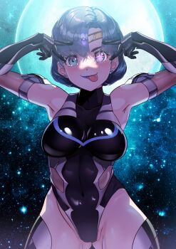 1girl absurdres arion_canvas bishoujo_senshi_sailor_moon blue_eyes blue_gemstone blue_hair breasts cameltoe circlet closed_mouth corruption dark_mercury dark_persona earrings elbow_gloves gem gloves gluteal_fold heterochromia highres jewelry leotard medium_breasts mizuno_ami moon purple_eyes purple_lips sailor_mercury short_hair sky star_(sky) starry_sky stud_earrings swept_bangs taimanin_(series) taimanin_suit thick_thighs thighhighs thighs tongue tongue_out