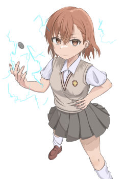 1girl absurdres brown_eyes brown_hair brown_shoes brown_sweater_vest closed_mouth coin collared_shirt commentary crossed_bangs electricity electrokinesis grey_skirt hair_between_eyes hand_on_own_hip highres loafers loose_socks miniskirt misaka_mikoto pleated_skirt school_emblem school_uniform shirt shoes short_hair short_sleeves skirt socks solo summer_uniform sweater_vest toaru_kagaku_no_railgun toaru_majutsu_no_index tokiwadai_school_uniform user_wkrn4578 v-neck white_background white_shirt white_socks