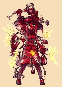 arm_up blood blood_in_hair blood_on_body blood_on_clothes blood_on_face bloody_weapon circular_saw dynamite explosive full_body green_eyes grenade hair_between_eyes hat highres holding holding_dynamite holding_grenade komeiji_koishi long_sidelocks long_sleeves looking_at_viewer open_mouth rampa93 saw sidelocks simple_background skirt sparks stick_grenade touhou weapon