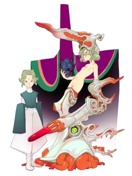 2girls armor bindi blonde_hair boku_(taco_sakurambo) flat_chest green_hair helmet high-waist_pants highres holding holding_skull leaning_back looking_at_viewer multiple_girls navel nipples original pants puffy_pants revealing_clothes skull white_background white_pants