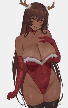 1girl bell black_thighhighs breasts brown_eyes brown_hair cameltoe choker cleavage collarbone commentary cowboy_shot dark-skinned_female dark_skin elbow_gloves english_commentary fake_antlers fur-trimmed_leotard fur_trim gloves goddess_of_victory:_nikke hair_between_eyes hand_on_own_chest hand_up highleg highleg_leotard highres jingle_bell large_breasts leotard long_hair looking_at_viewer noir_(nikke) open_mouth patreon_logo red_choker red_gloves simple_background smile solo strapless strapless_leotard thighhighs thighs very_long_hair zefrableu