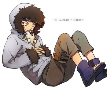 Rule 34 | 1boy, akamaru (naruto), brown eyes, brown pants, character name, closed mouth, dog, forehead protector, full body, fur-trimmed jacket, fur trim, grey jacket, inuzuka kiba, jacket, littleb, long sleeves, male focus, naruto (classic), naruto (series), ninja, pants, short hair, simple background, smile, solo, white background