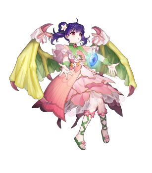 1girl attack cross-laced_sandals dragon_girl dragon_wings dragonstone dress fire_emblem fire_emblem:_the_sacred_stones fire_emblem_heroes flower hair_flower hair_ornament highres myrrh_(fire_emblem) myrrh_(resplendent)_(fire_emblem) nintendo non-web_source official_alternate_costume official_art parted_lips pink_dress purple_hair red_eyes sandals solo twintails wings