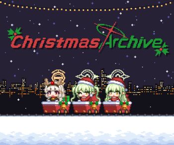 3girls animal_costume antlers aoba_(blue_archive) bell blue_archive commentary english_commentary fake_antlers green_hair green_halo grey_hair halo hat hikari_(blue_archive) horns long_hair multiple_girls nozomi_(blue_archive) one_eye_closed open_mouth pixel_art pointy_ears red_eyes redforge reindeer_antlers reindeer_costume santa_costume twintails yellow_eyes