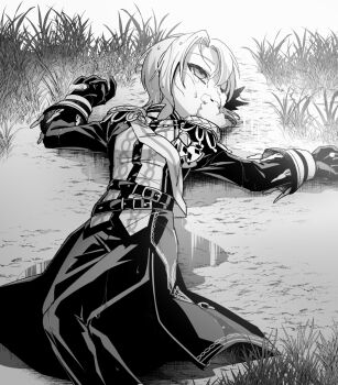1girl arms_up belt commentary_request corpse empty_eyes epaulettes feet_out_of_frame foaming_at_the_mouth gloves grass greyscale hasumi_leia highres jacket long_sleeves lying mahou_shoujo_no_majo_saiban monochrome on_back on_ground outdoors pants puddle sash short_hair shoulder_sash solo suno_(imydream) wet