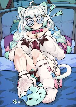 1girl @_@ absurdres bare_shoulders bell blush braid caloart30 collar commentary english_commentary feet frilled_thigh_strap gradient_hair highres indie_virtual_youtuber indoors jingle_bell long_hair looking_at_viewer loose_socks mint_fantome multicolored_hair off-shoulder_sweater off_shoulder red_collar round_eyewear sitting sleeves_past_fingers sleeves_past_wrists socks solo sweater thigh_strap twin_braids two-tone_hair virtual_youtuber white_socks