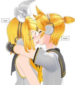 1boy 1girl 3d bad_deviantart_id bad_id bare_shoulders blush brother_and_sister closed_eyes commentary_request english_text french_kiss from_side hetero incest kagamine_len kagamine_rin kiss mikumikudance_(medium) open_mouth profile saliva siblings simple_background simplybeing02 tongue tongue_out vocaloid