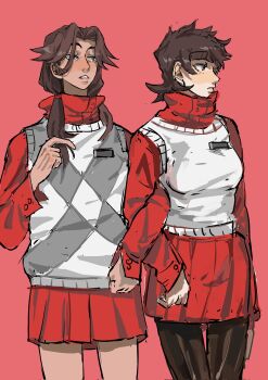Rule 34 | 2girls, animification, argyle clothes, argyle sweater vest, black pantyhose, blush, breasts, brown hair, commentary, corrupted twitter file, cowboy shot, curtained hair, eddsworld, flat chest, flipped hair, genderswap, genderswap (mtf), grey eyes, highres, kuangzihaixing, locked arms, long hair, long sleeves, low-tied long hair, medium breasts, multiple girls, name tag, pantyhose, patryck (eddsworld), paul (eddsworld), pleated skirt, red background, red shirt, red skirt, red theme, shirt, short hair, simple background, skirt, standing, sweater vest, thick eyebrows, turtleneck, turtleneck shirt, untranslatable commentary, white sweater vest