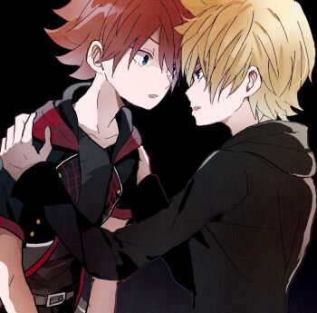Rule 34 | 2boys, belt, black background, black coat (kingdom hearts), black jacket, black shirt, blonde hair, brown hair, commentary request, crying, crying with eyes open, forehead-to-forehead, grey belt, hands on another's shoulders, heads together, highres, hood, hood down, jacket, kingdom hearts, kingdom hearts iii, looking at another, male focus, multiple boys, no gloves, open clothes, open jacket, raiki (comehope78), roxas, sad, serious, shirt, short hair, short sleeves, sora (kingdom hearts), standing, streaming tears, tears, upper body, v-neck