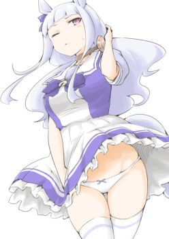 Rule 34 | 1girl, akara kai, animal ears, gold ship (umamusume), highres, horse ears, horse girl, horse tail, red eyes, school uniform, solo, tail, thighhighs, tracen school uniform, umamusume, white background, white thighhighs, wind, wind lift