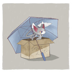 Rule 34 | blue eyes, border, box, cardboard box, cat, colored sclera, creatures (company), game freak, gen 4 pokemon, glameow, grey background, grey fur, grey umbrella, highres, in box, in container, lila 0219, nintendo, no humans, outside border, pokemon, pokemon (creature), rain, simple background, solo, translation request, two-tone fur, umbrella, white border, white fur, yellow sclera
