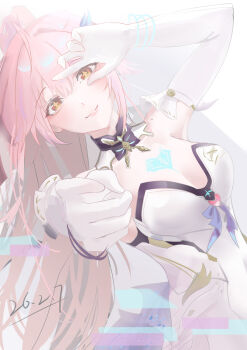 Rule 34 | 1girl, absurdres, aemeath (wuthering waves), bare shoulders, breasts, cleavage, closed mouth, commentary, dated, elbow gloves, gloves, highres, leotard, long hair, looking at viewer, medium breasts, mole, mole on shoulder, orange eyes, pink hair, ponytail, smile, solo, strapless, strapless leotard, symbol-only commentary, tacet mark (wuthering waves), white gloves, white leotard, wuthering waves, xgg