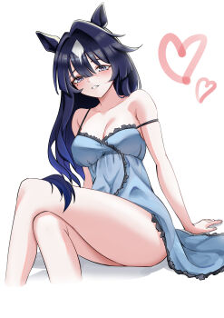 1girl absurdres animal_ears bare_shoulders blue_eyes blue_hair blue_nightgown blush breasts cleavage commentary_request crossed_legs hair_between_eyes heart highres horse_ears horse_girl large_breasts long_hair looking_at_viewer mole mole_under_eye multicolored_hair nightgown parted_lips pitch-dark-ray sitting smile solo strap_slip umamusume verxina_(umamusume)
