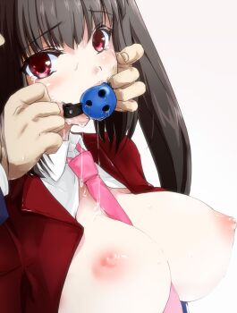 1girl ball_gag bdsm belphegor_(umineko) between_breasts black_hair bondage bound breasts female_focus gag gagged gagging highres large_breasts necktie nimu nipples no_naku_koro_ni_(series) open_clothes open_shirt pink_necktie red_eyes ryukishi07 saliva shirt simple_background solo solo_focus tears umineko_no_naku_koro_ni wiffle_gag
