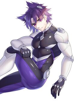 1boy bad_id bad_twitter_id camp_buddy collar facial_scar highres may_(2747513627) muscular muscular_male pectorals purple_eyes purple_hair scar scar_on_cheek scar_on_face solo spacesuit tagme thick_thighs thighs white_background yukimura_yoichi